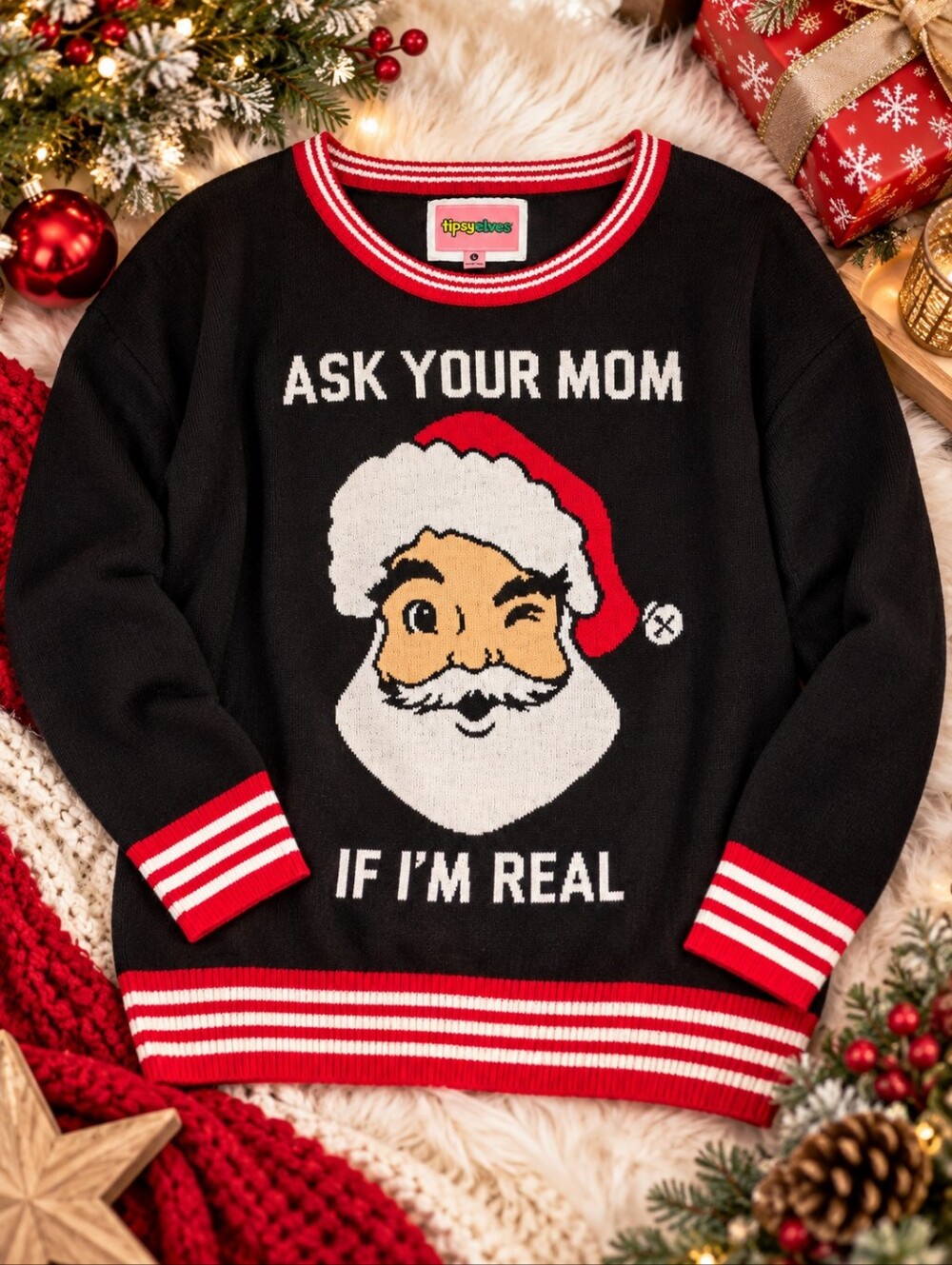 Tipsy Elves Santa Ask Your Mom Ugly Christmas Sweater L Black EUC